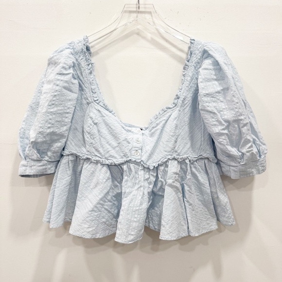Free People Leave It To Me Puff Sleeve Gauzy Cropped Blouse Light Blue Small - Picture 1 of 8
